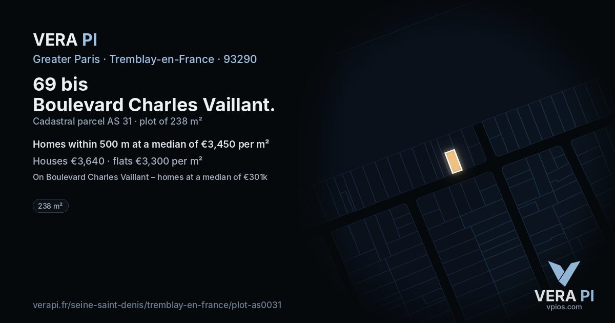 69 bis Boulevard Charles Vaillant, Tremblay-en-France at night – the plot lit, the parcels around coloured by the prices near them