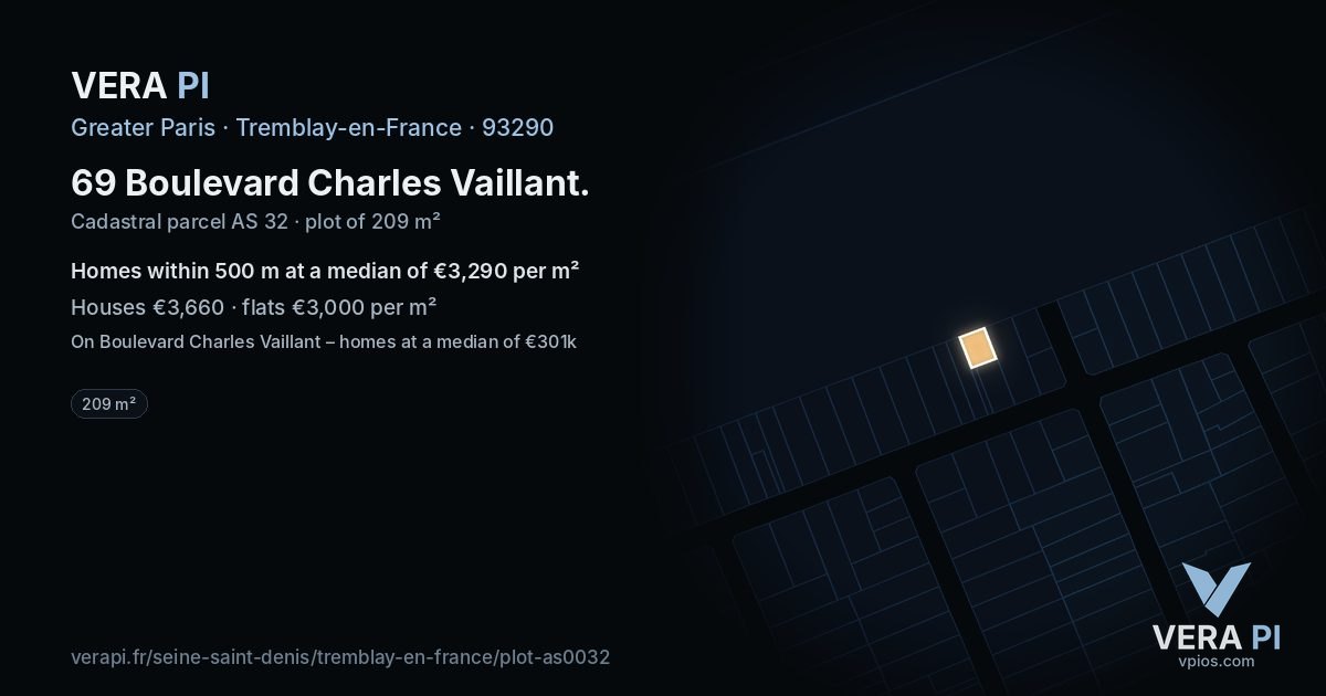 69 Boulevard Charles Vaillant, Tremblay-en-France at night – the plot lit, the parcels around coloured by the prices near them