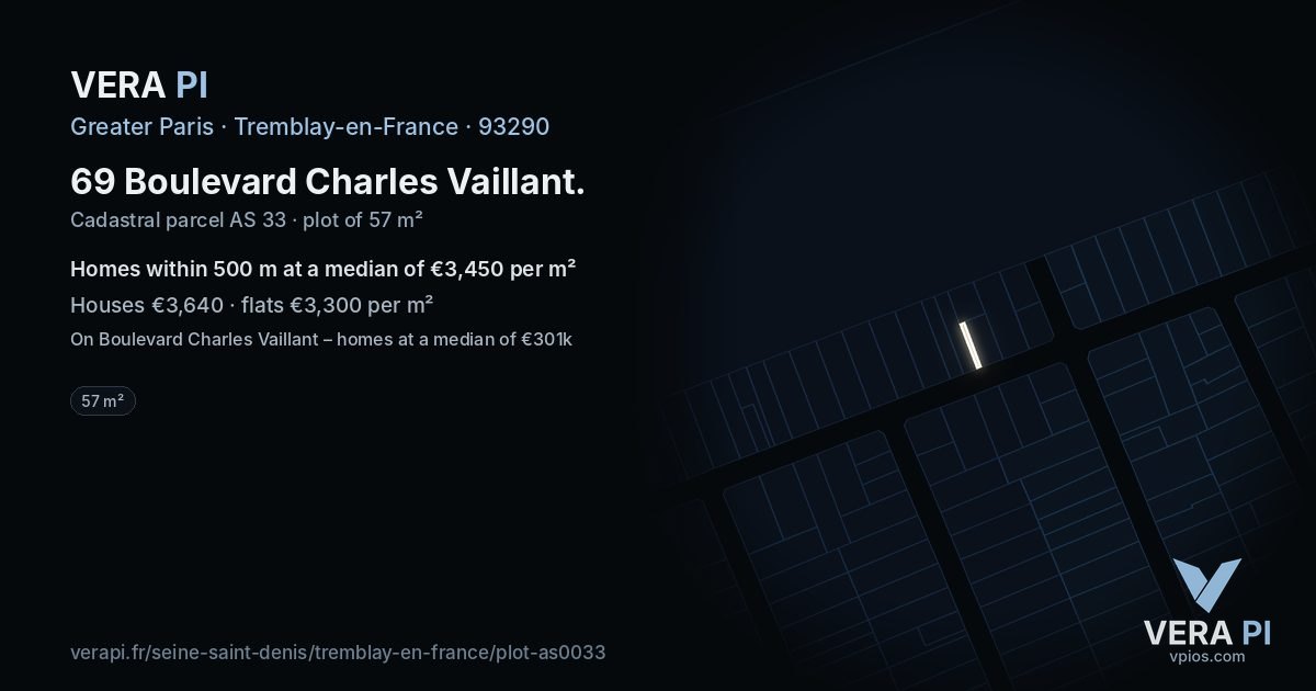 69 Boulevard Charles Vaillant, Tremblay-en-France at night – the plot lit, the parcels around coloured by the prices near them