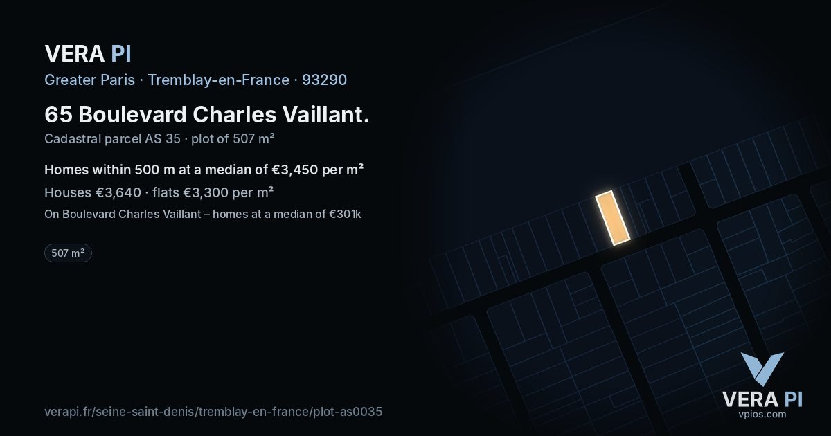 65 Boulevard Charles Vaillant, Tremblay-en-France at night – the plot lit, the parcels around coloured by the prices near them