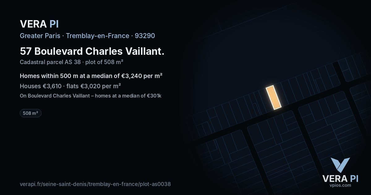 57 Boulevard Charles Vaillant, Tremblay-en-France at night – the plot lit, the parcels around coloured by the prices near them
