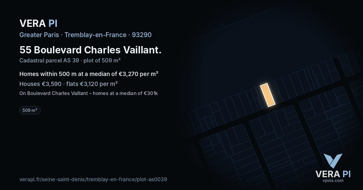 55 Boulevard Charles Vaillant, Tremblay-en-France at night – the plot lit, the parcels around coloured by the prices near them