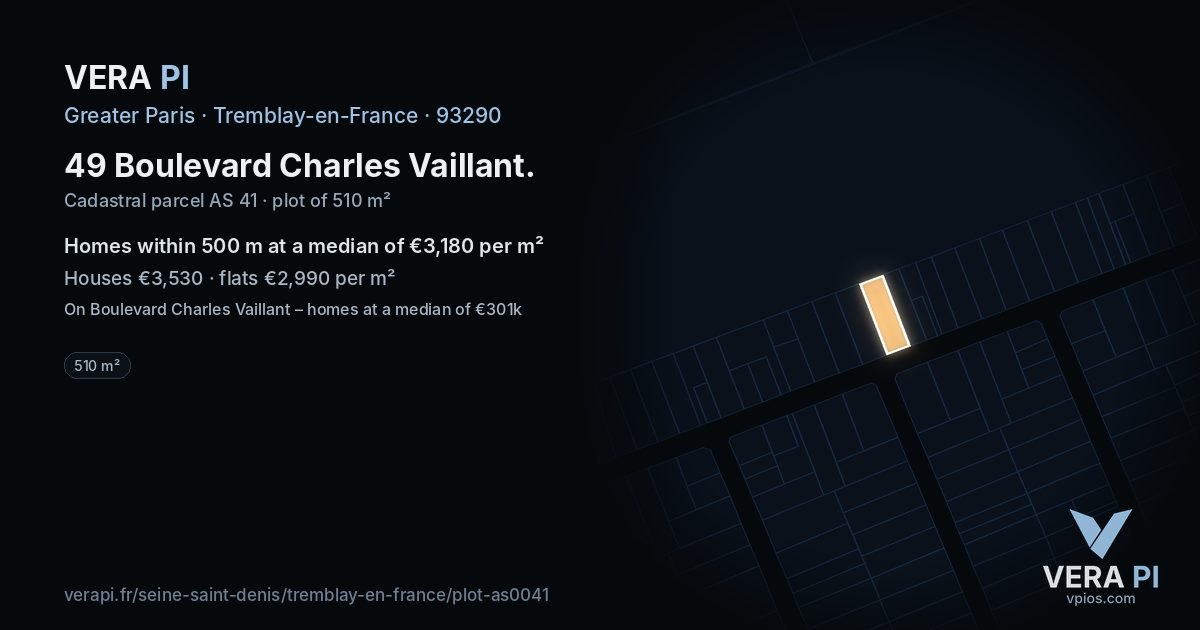 49 Boulevard Charles Vaillant, Tremblay-en-France at night – the plot lit, the parcels around coloured by the prices near them