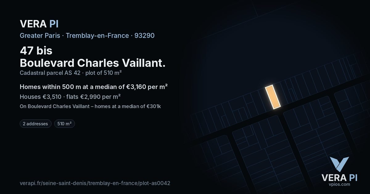47 bis Boulevard Charles Vaillant, Tremblay-en-France at night – the plot lit, the parcels around coloured by the prices near them