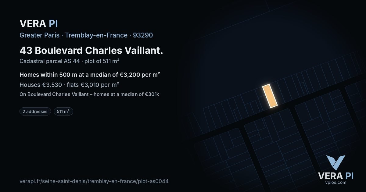 43 Boulevard Charles Vaillant, Tremblay-en-France at night – the plot lit, the parcels around coloured by the prices near them