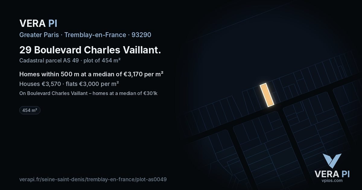 29 Boulevard Charles Vaillant, Tremblay-en-France at night – the plot lit, the parcels around coloured by the prices near them