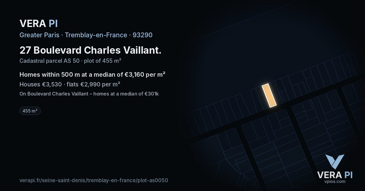 27 Boulevard Charles Vaillant, Tremblay-en-France at night – the plot lit, the parcels around coloured by the prices near them