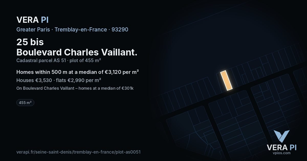 25 bis Boulevard Charles Vaillant, Tremblay-en-France at night – the plot lit, the parcels around coloured by the prices near them