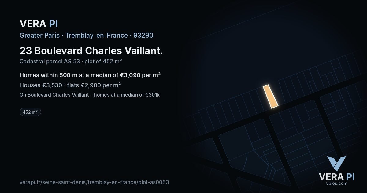 23 Boulevard Charles Vaillant, Tremblay-en-France at night – the plot lit, the parcels around coloured by the prices near them
