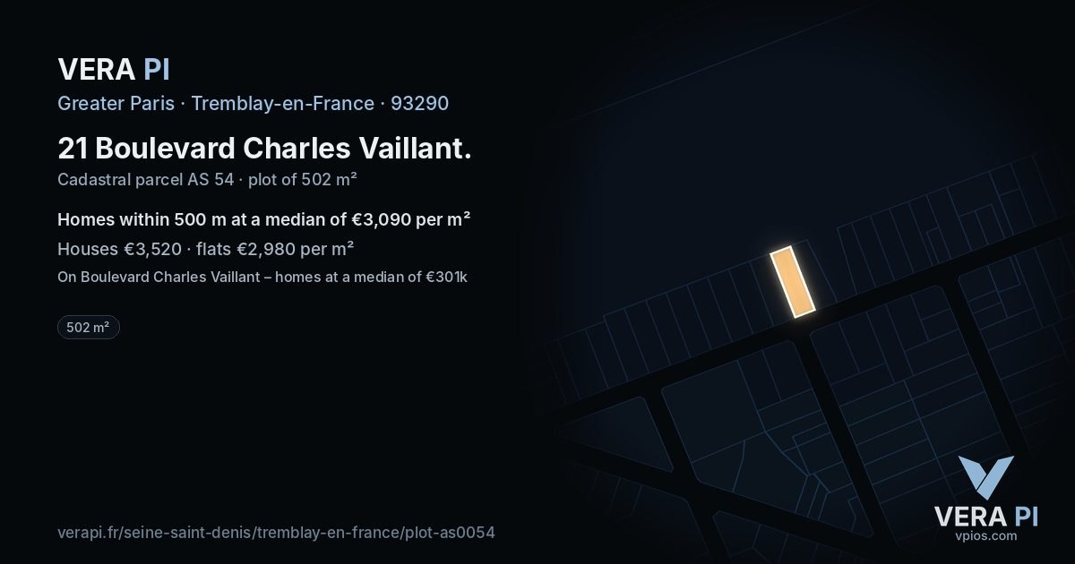 21 Boulevard Charles Vaillant, Tremblay-en-France at night – the plot lit, the parcels around coloured by the prices near them