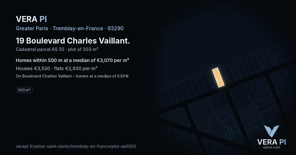 19 Boulevard Charles Vaillant, Tremblay-en-France at night – the plot lit, the parcels around coloured by the prices near them