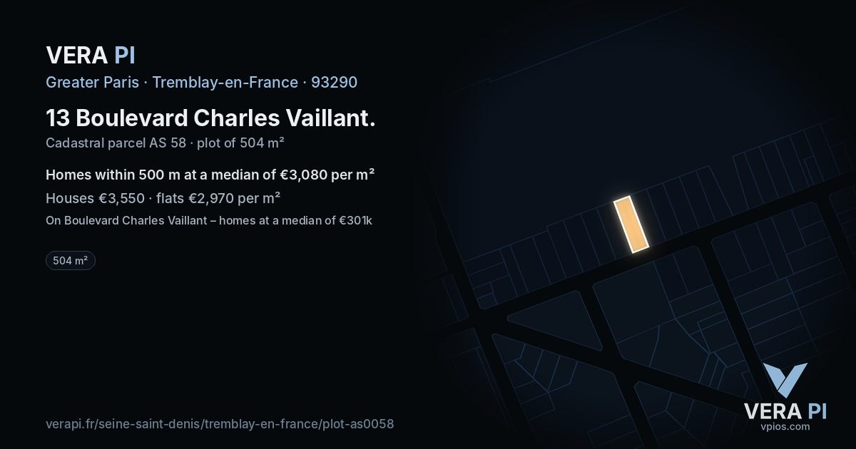13 Boulevard Charles Vaillant, Tremblay-en-France at night – the plot lit, the parcels around coloured by the prices near them