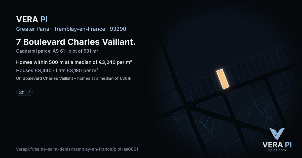 7 Boulevard Charles Vaillant, Tremblay-en-France at night – the plot lit, the parcels around coloured by the prices near them