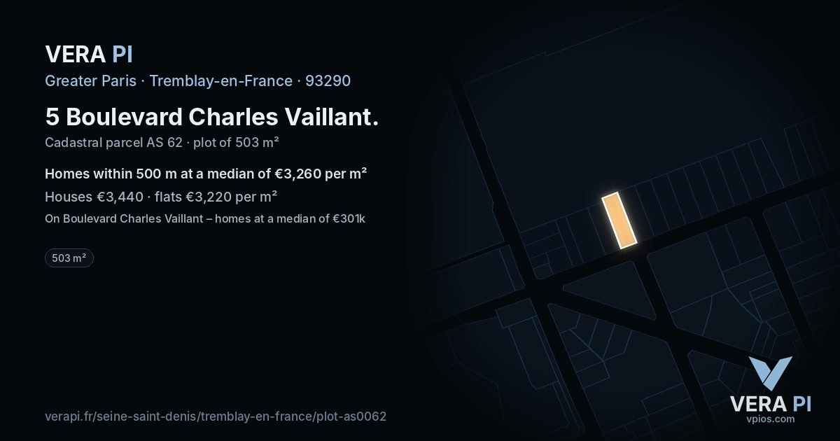 5 Boulevard Charles Vaillant, Tremblay-en-France at night – the plot lit, the parcels around coloured by the prices near them