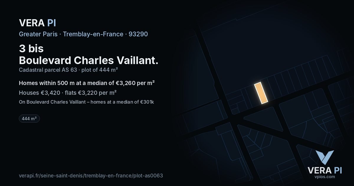 3 bis Boulevard Charles Vaillant, Tremblay-en-France at night – the plot lit, the parcels around coloured by the prices near them