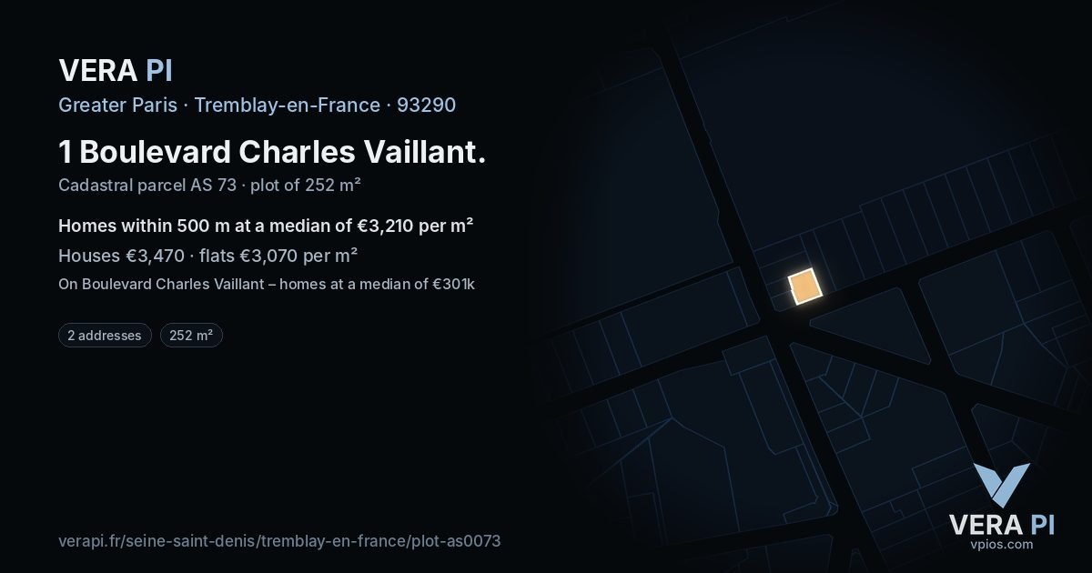 1 Boulevard Charles Vaillant, Tremblay-en-France at night – the plot lit, the parcels around coloured by the prices near them