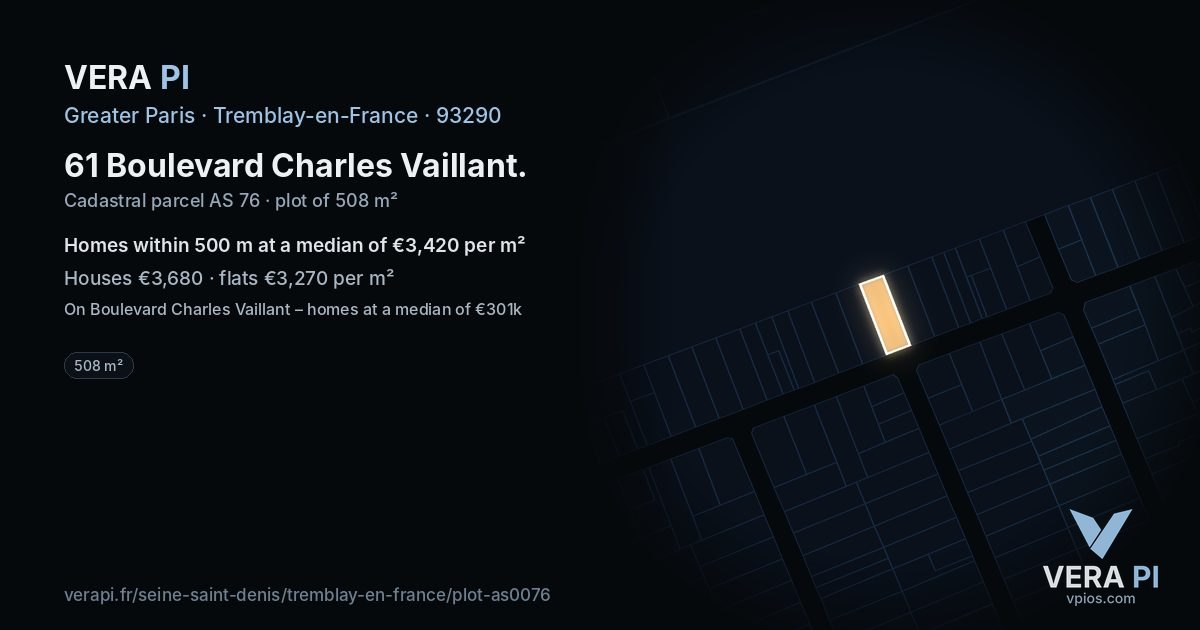 61 Boulevard Charles Vaillant, Tremblay-en-France at night – the plot lit, the parcels around coloured by the prices near them