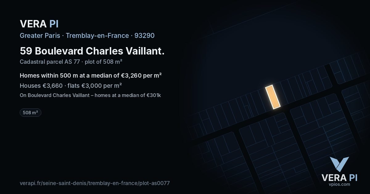 59 Boulevard Charles Vaillant, Tremblay-en-France at night – the plot lit, the parcels around coloured by the prices near them