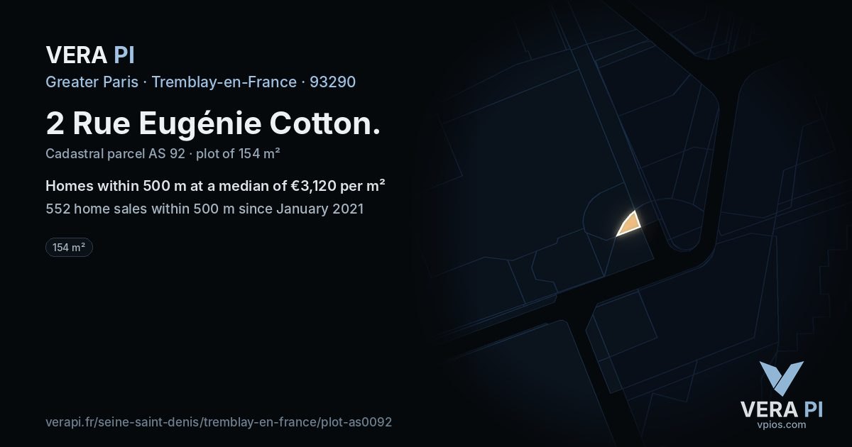 2 Rue Eugénie Cotton, Tremblay-en-France at night – the plot lit, the parcels around coloured by the prices near them