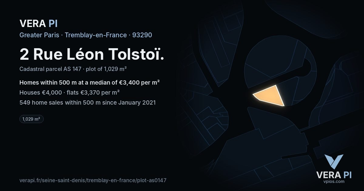2 Rue Léon Tolstoï, Tremblay-en-France at night – the plot lit, the parcels around coloured by the prices near them