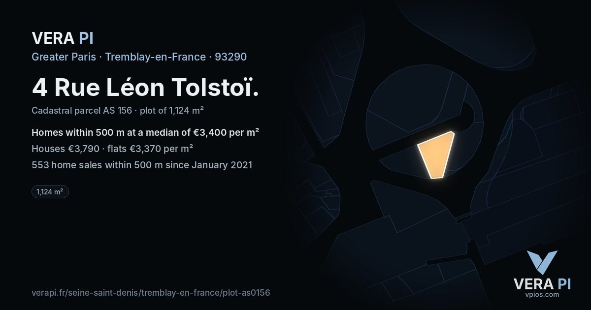 4 Rue Léon Tolstoï, Tremblay-en-France at night – the plot lit, the parcels around coloured by the prices near them