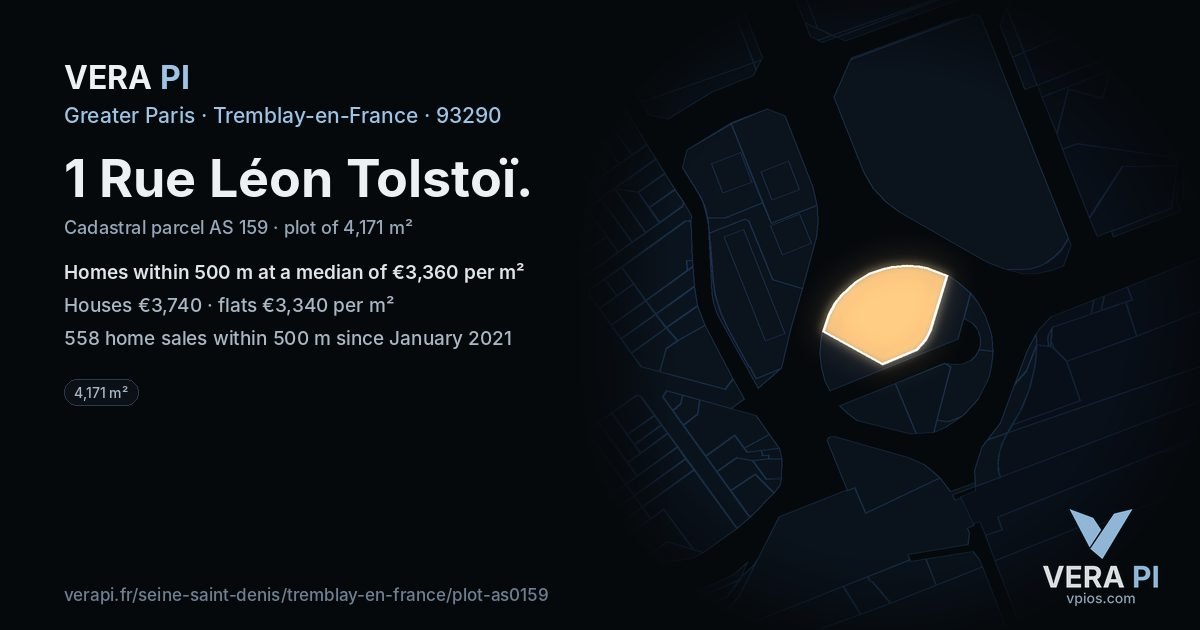 1 Rue Léon Tolstoï, Tremblay-en-France at night – the plot lit, the parcels around coloured by the prices near them