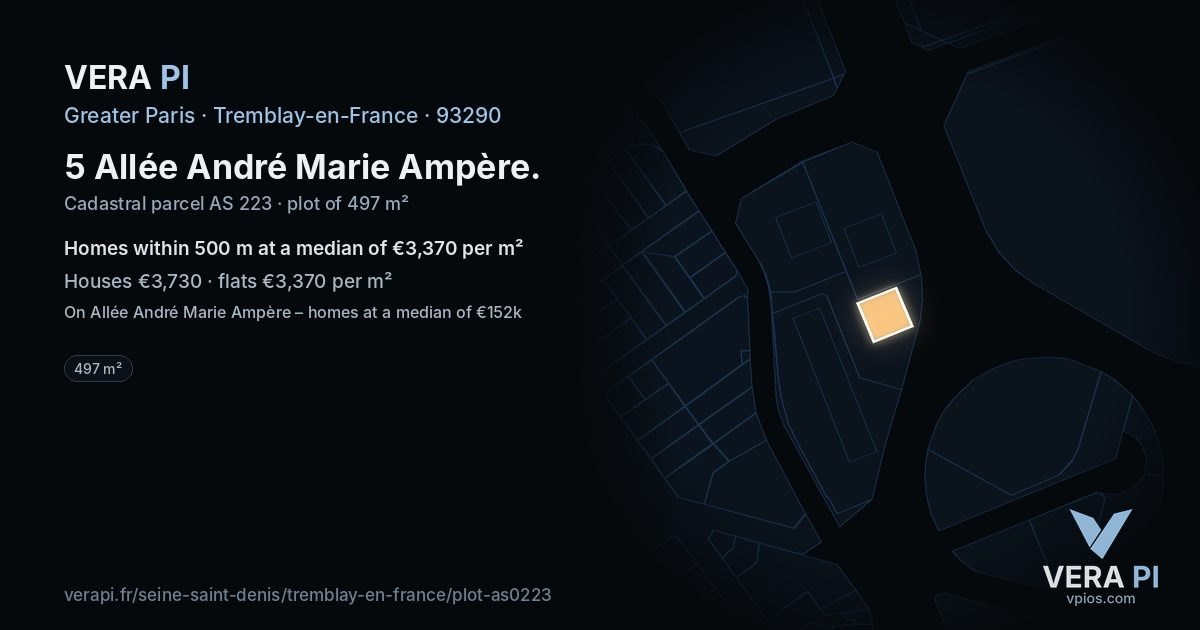 5 Allée André Marie Ampère, Tremblay-en-France at night – the plot lit, the parcels around coloured by the prices near them
