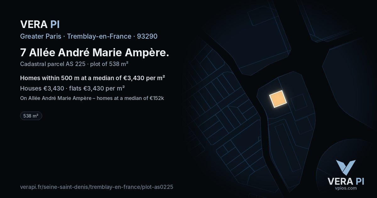 7 Allée André Marie Ampère, Tremblay-en-France at night – the plot lit, the parcels around coloured by the prices near them