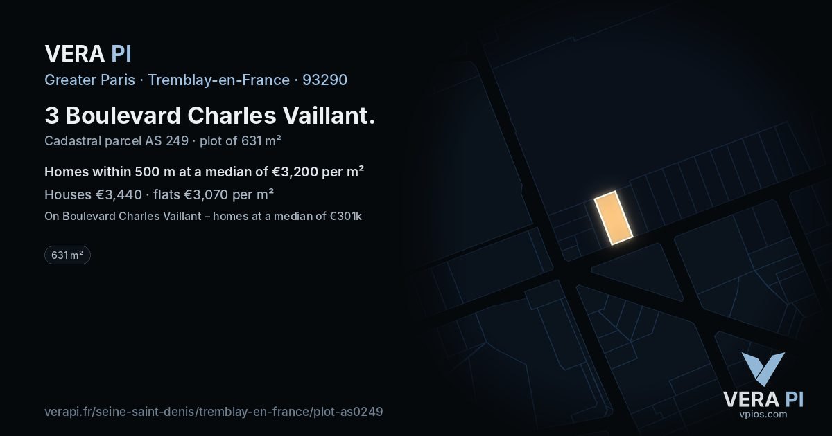3 Boulevard Charles Vaillant, Tremblay-en-France at night – the plot lit, the parcels around coloured by the prices near them