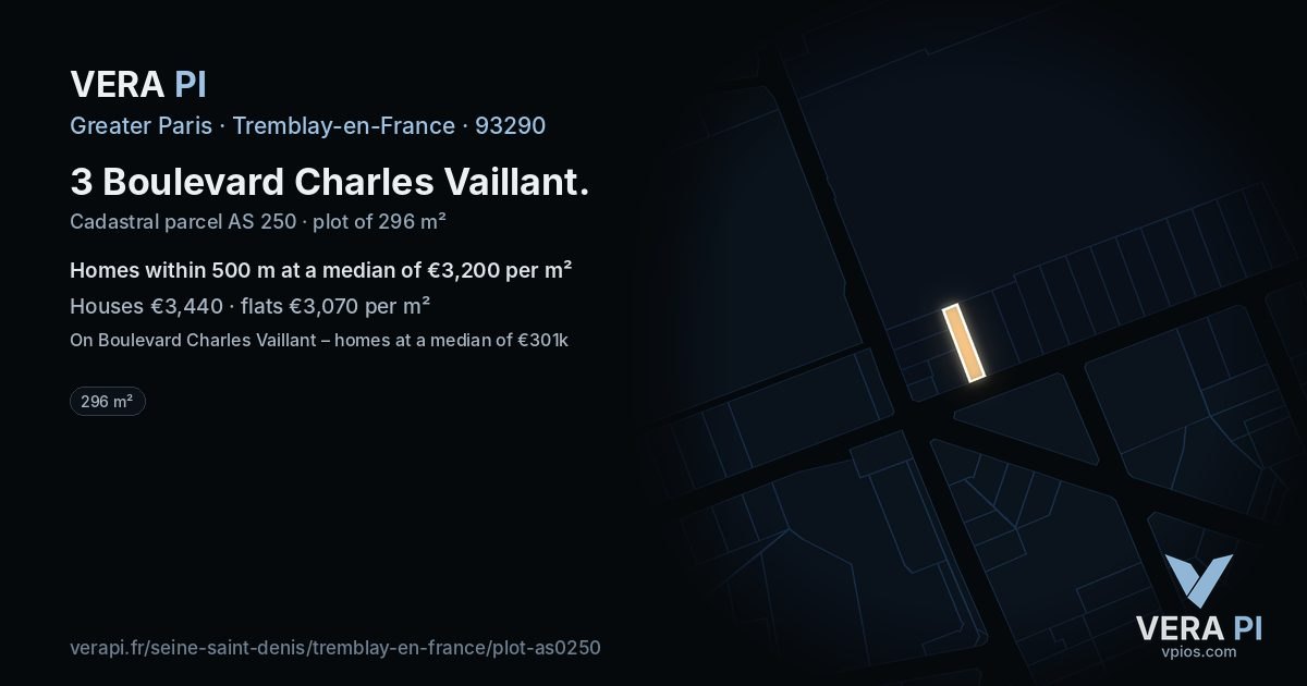 3 Boulevard Charles Vaillant, Tremblay-en-France at night – the plot lit, the parcels around coloured by the prices near them