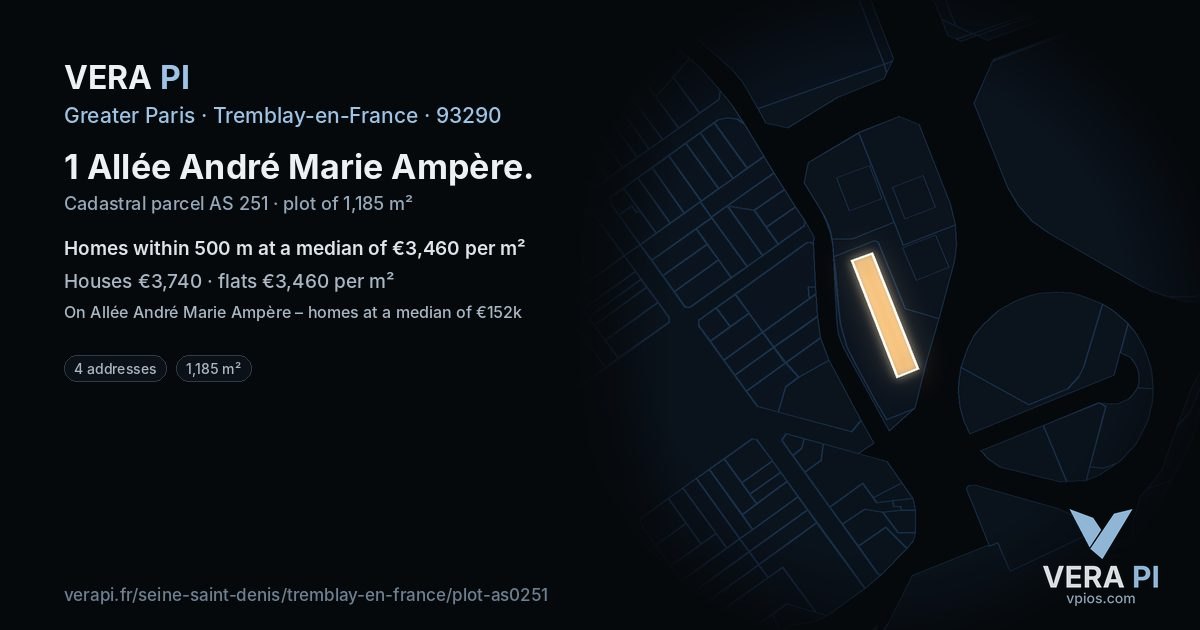 1 Allée André Marie Ampère, Tremblay-en-France at night – the plot lit, the parcels around coloured by the prices near them