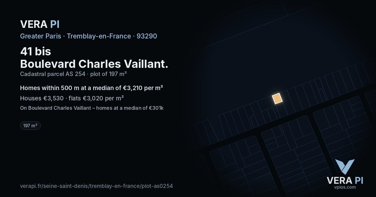 41 bis Boulevard Charles Vaillant, Tremblay-en-France at night – the plot lit, the parcels around coloured by the prices near them