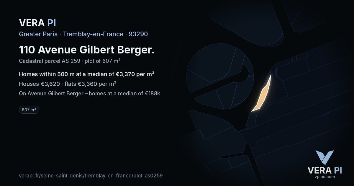 110 Avenue Gilbert Berger, Tremblay-en-France at night – the plot lit, the parcels around coloured by the prices near them