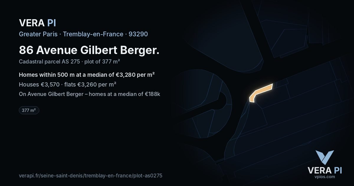 86 Avenue Gilbert Berger, Tremblay-en-France at night – the plot lit, the parcels around coloured by the prices near them