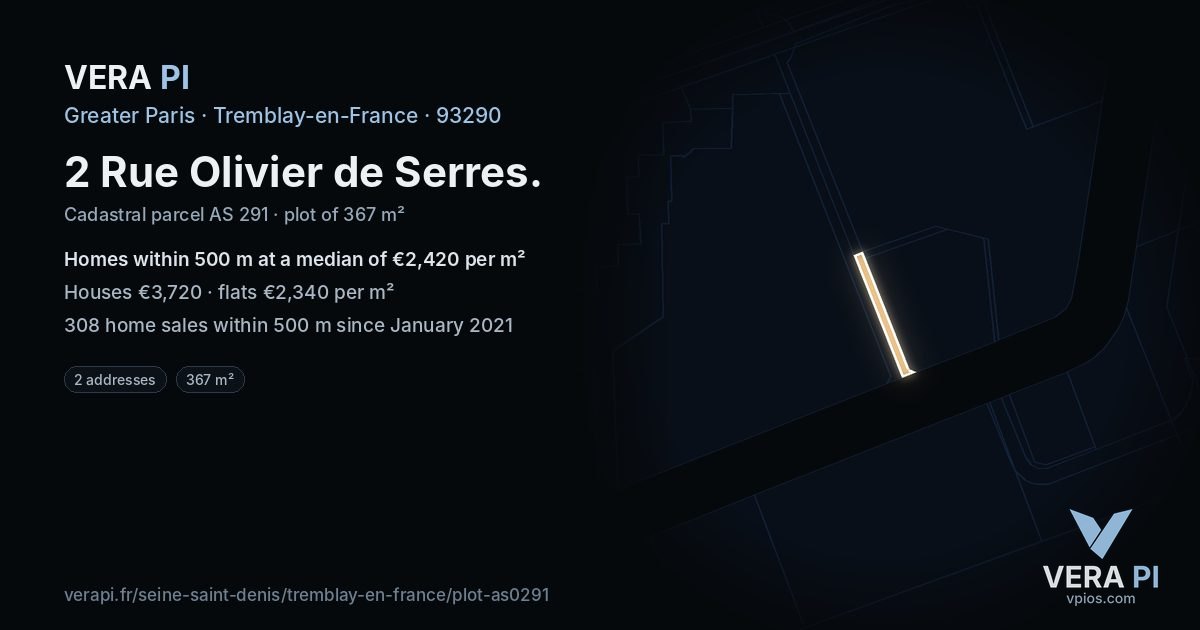2 Rue Olivier de Serres, Tremblay-en-France at night – the plot lit, the parcels around coloured by the prices near them