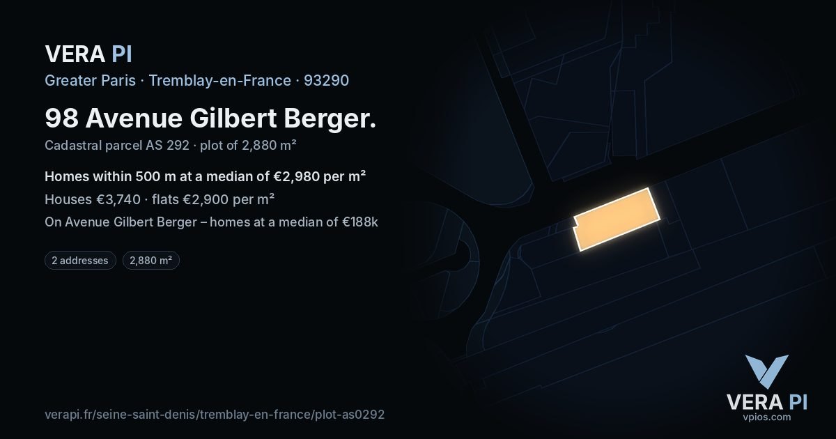98 Avenue Gilbert Berger, Tremblay-en-France at night – the plot lit, the parcels around coloured by the prices near them