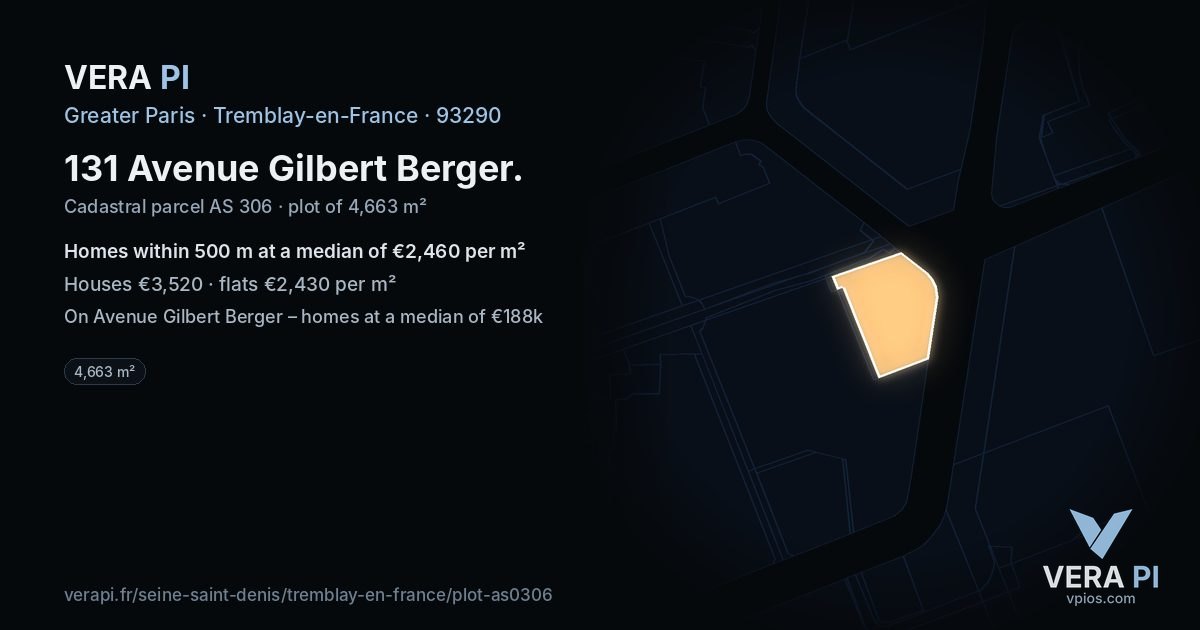 131 Avenue Gilbert Berger, Tremblay-en-France at night – the plot lit, the parcels around coloured by the prices near them