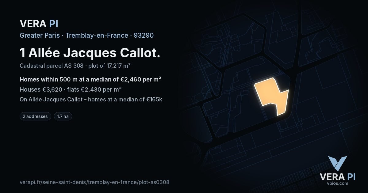1 Allée Jacques Callot, Tremblay-en-France at night – the plot lit, the parcels around coloured by the prices near them