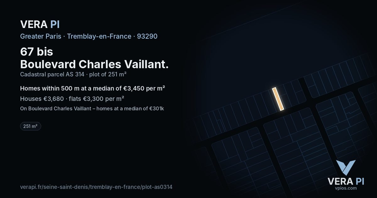 67 bis Boulevard Charles Vaillant, Tremblay-en-France at night – the plot lit, the parcels around coloured by the prices near them