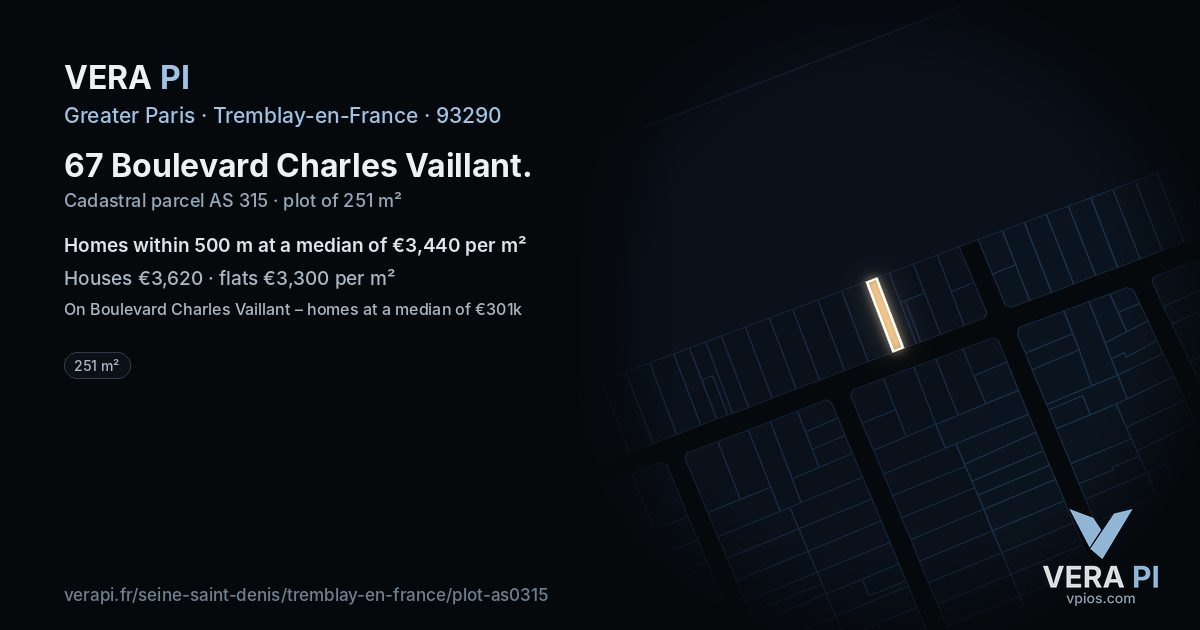 67 Boulevard Charles Vaillant, Tremblay-en-France at night – the plot lit, the parcels around coloured by the prices near them