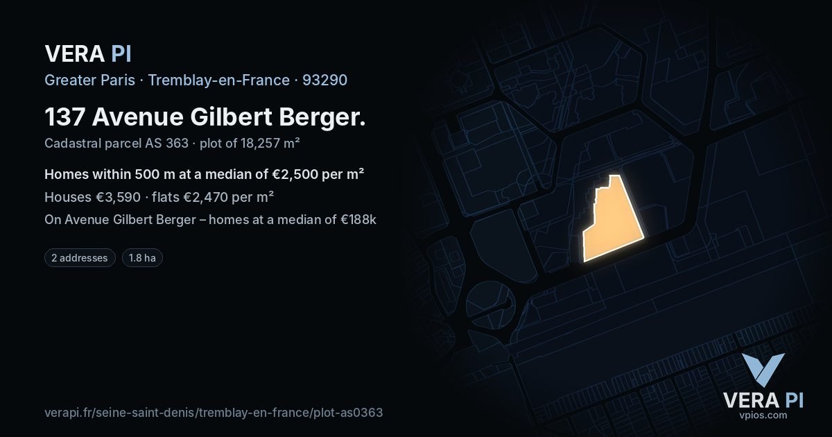 137 Avenue Gilbert Berger, Tremblay-en-France at night – the plot lit, the parcels around coloured by the prices near them