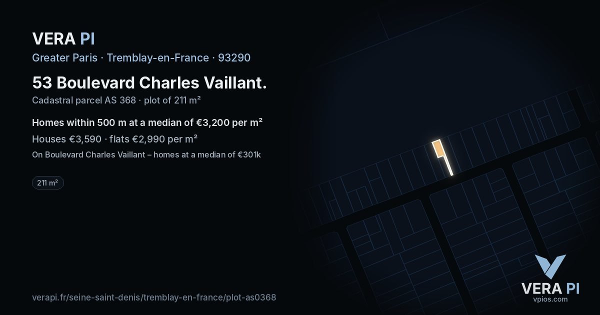 53 Boulevard Charles Vaillant, Tremblay-en-France at night – the plot lit, the parcels around coloured by the prices near them