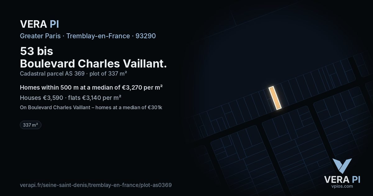 53 bis Boulevard Charles Vaillant, Tremblay-en-France at night – the plot lit, the parcels around coloured by the prices near them