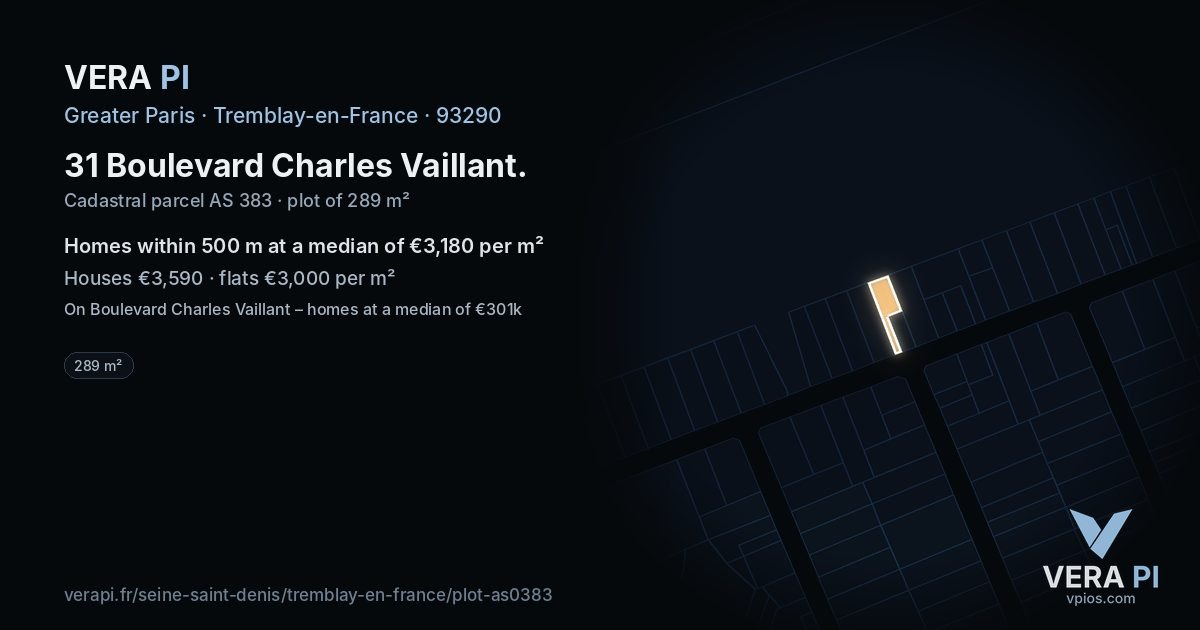 31 Boulevard Charles Vaillant, Tremblay-en-France at night – the plot lit, the parcels around coloured by the prices near them