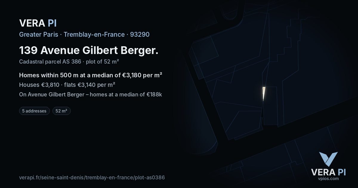 139 Avenue Gilbert Berger, Tremblay-en-France at night – the plot lit, the parcels around coloured by the prices near them