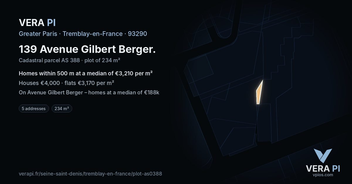 139 Avenue Gilbert Berger, Tremblay-en-France at night – the plot lit, the parcels around coloured by the prices near them