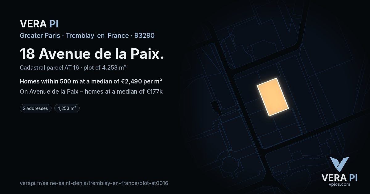 18 Avenue de la Paix, Tremblay-en-France at night – the plot lit, the parcels around coloured by the prices near them