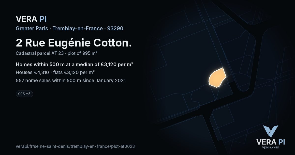 2 Rue Eugénie Cotton, Tremblay-en-France at night – the plot lit, the parcels around coloured by the prices near them