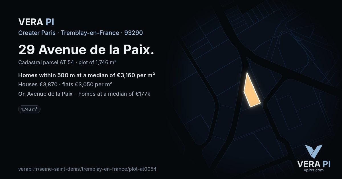 29 Avenue de la Paix, Tremblay-en-France at night – the plot lit, the parcels around coloured by the prices near them
