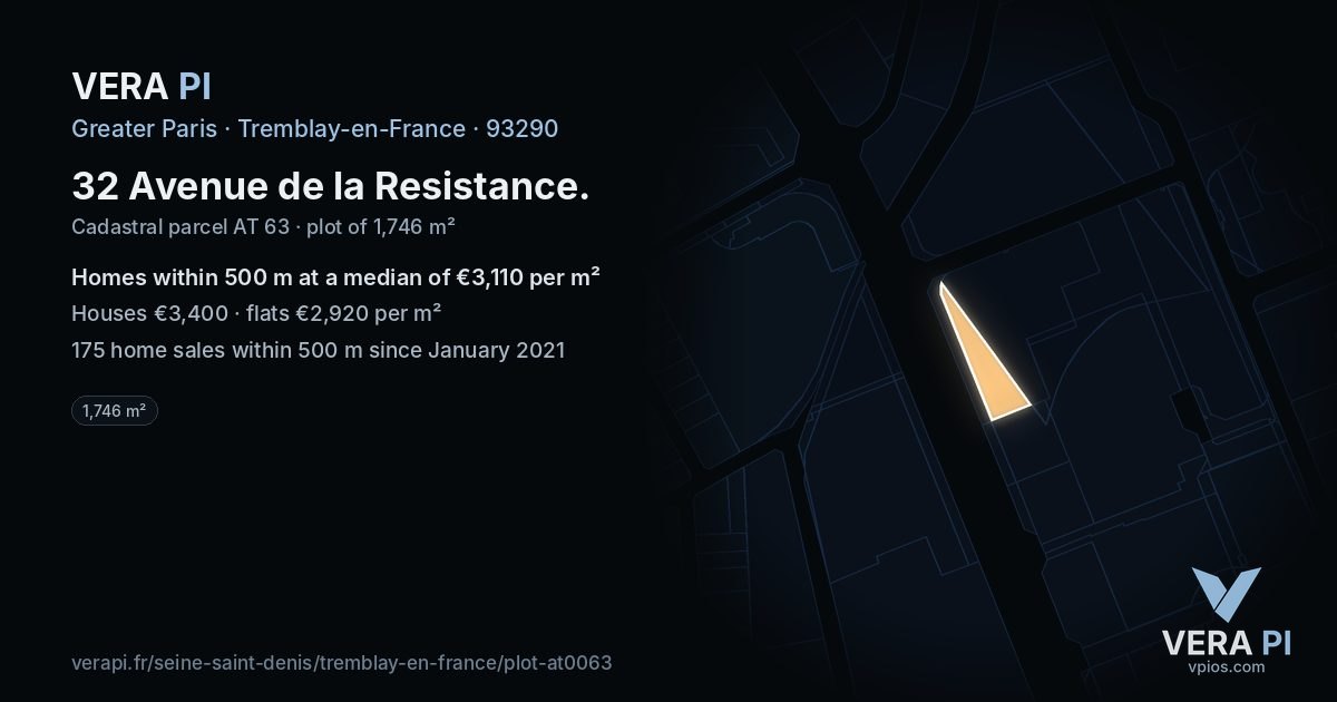 32 Avenue de la Resistance, Tremblay-en-France at night – the plot lit, the parcels around coloured by the prices near them